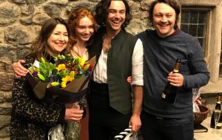 Producers Karen Thrussell and Michael Ray mark the wrap of Poldark with Aidan Turner and Eleanor Tomlinson at The Bottle Yard Studios