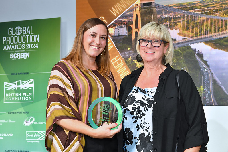Katherine Nash (Business & Operations Manager - The Bottle Yard Studios) and Laura Aviles (Head of Film, Bristol City Council) with Bristol's City of Film Global Production Award